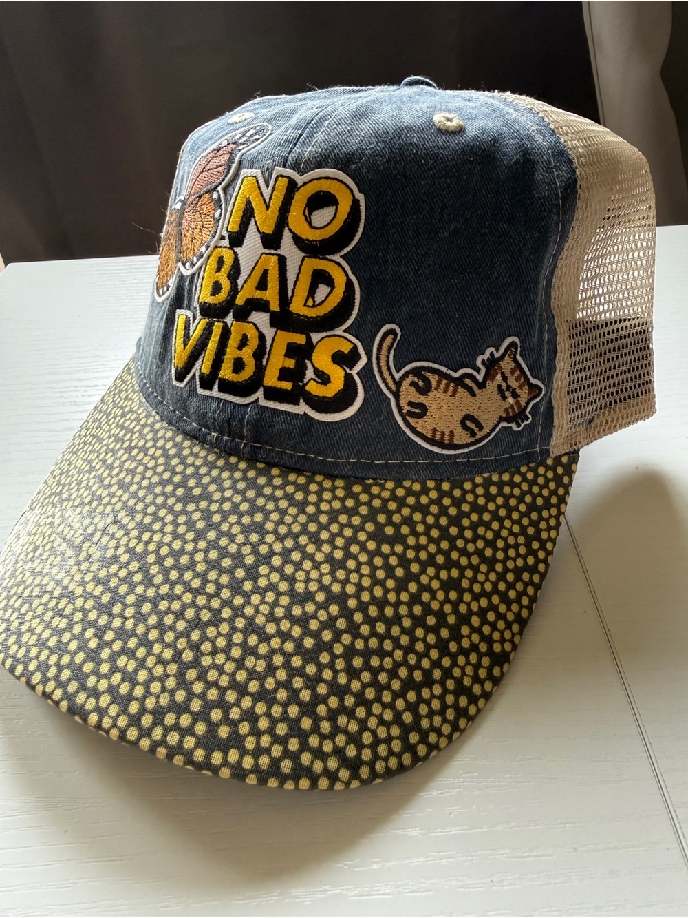 No Bad Vibes Trucker Hat Denim Blue Adjustable Snap Back Cat Butterfly
